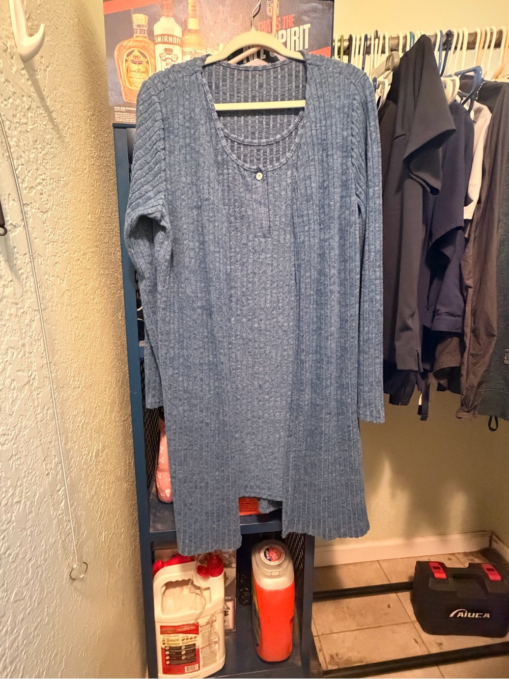 Blue Ribbed Long Sleeve Women's Sweater Dress